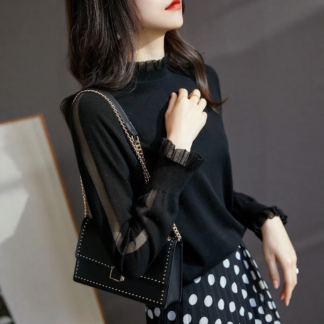 Blusa Fena Luxuosa de Lã Tricotada com Detalhe de Borda de Madeira – Csa Base Versátil e E para Primavera e Outono