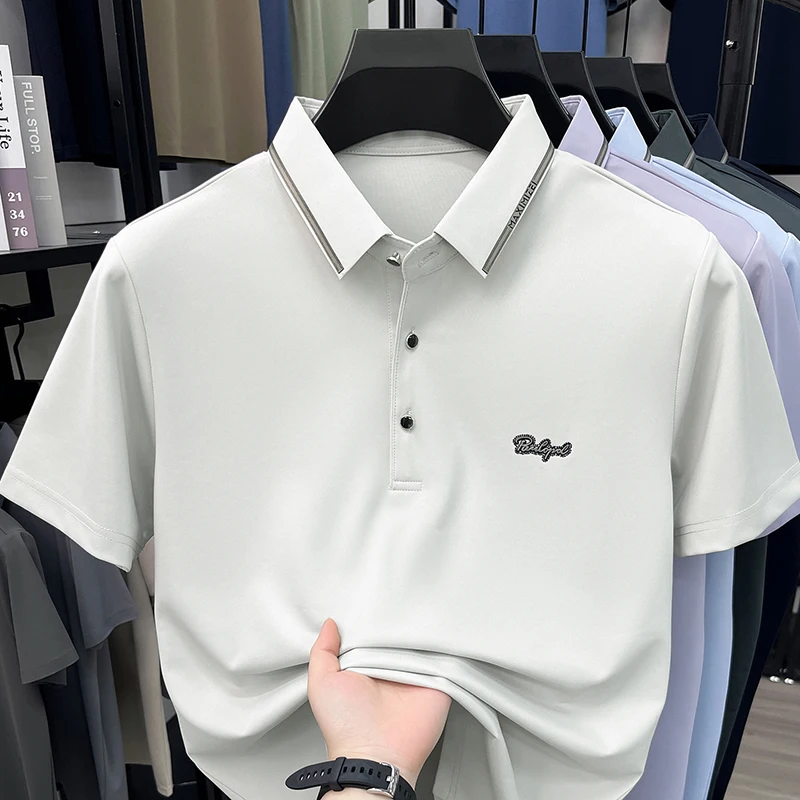 Summer New MenT-shirt Premium Wrinkle-Free Luxury Lavender with Embroidered Chest Logo Formal