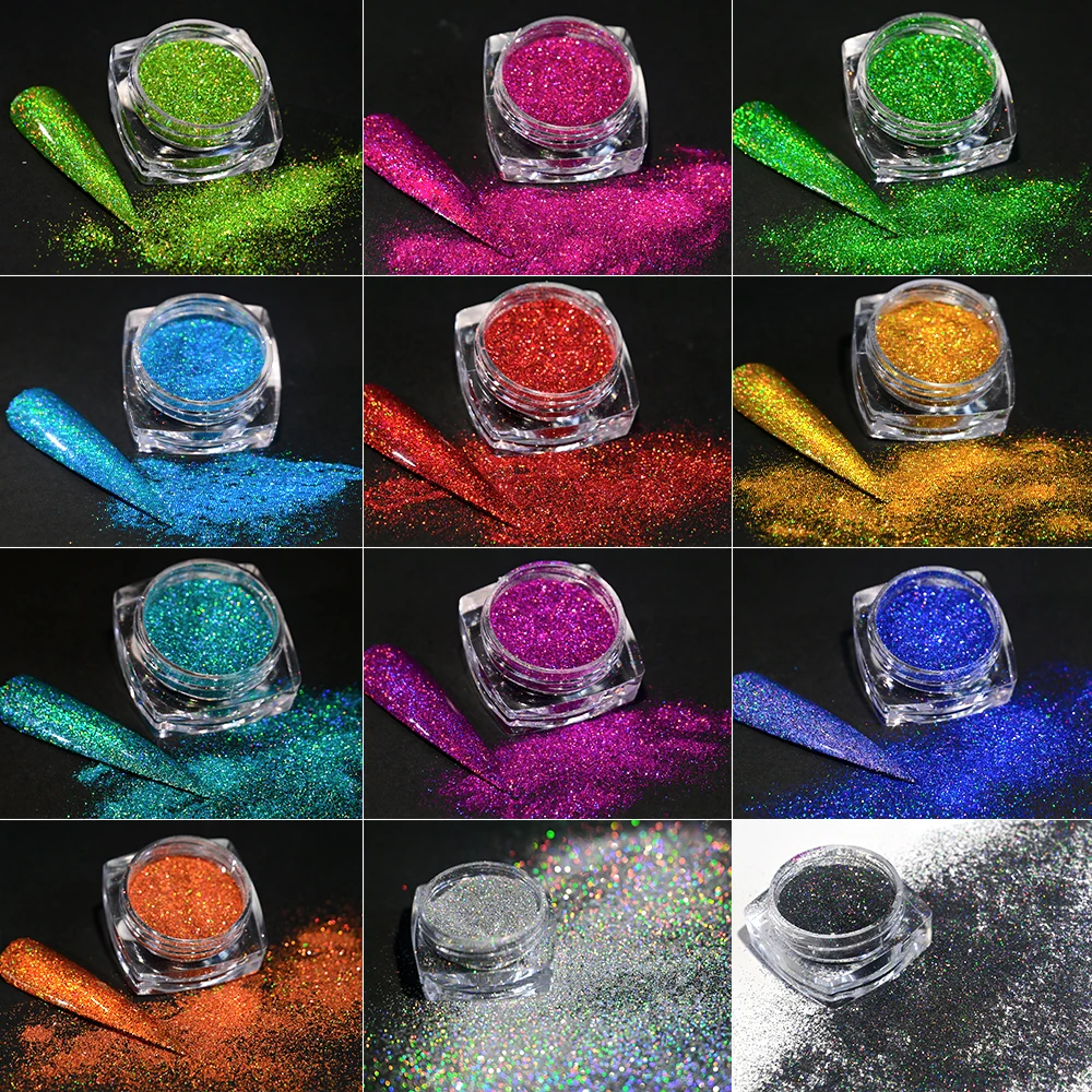 12 potten/set holografisch glitter nagel fijn poeder 0,05 mm super glanzende eenhoorn regenboog laserpoeder DIY spiegel manicure poeder *&