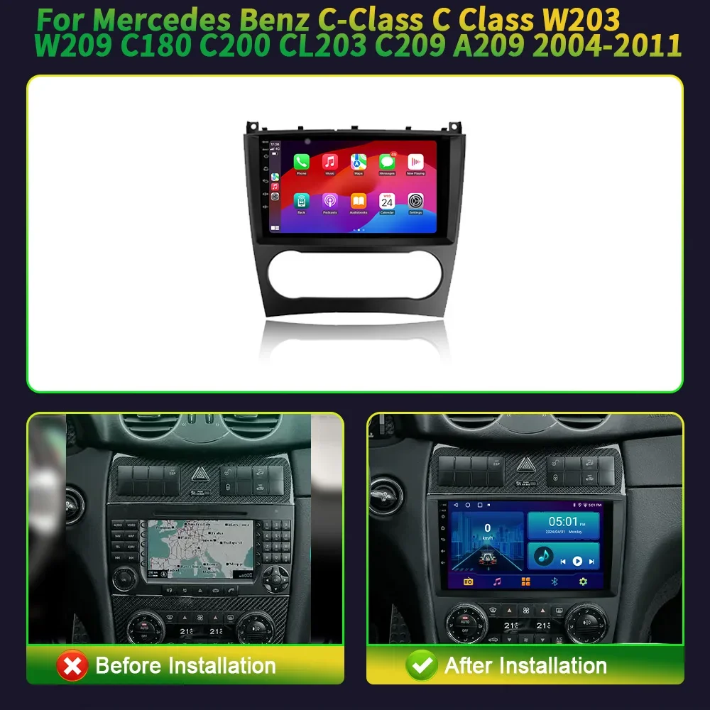 For Mercedes Benz C-Class Class W203 W209 C180 C200 CL203 C209 A209 2004-2011 Android 14 Car Radio Wireless BT CarPlay Screen