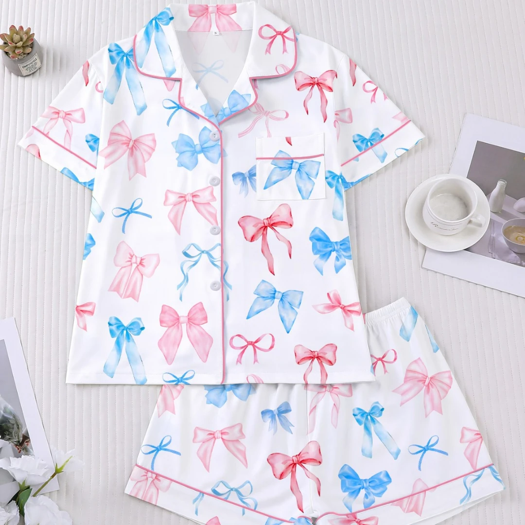 

Bow Themed Pajama with Red and Blue Print Lapel Short Sleeve Short Trousers Loungewear Home Wear Set Clothes Valentine's Day