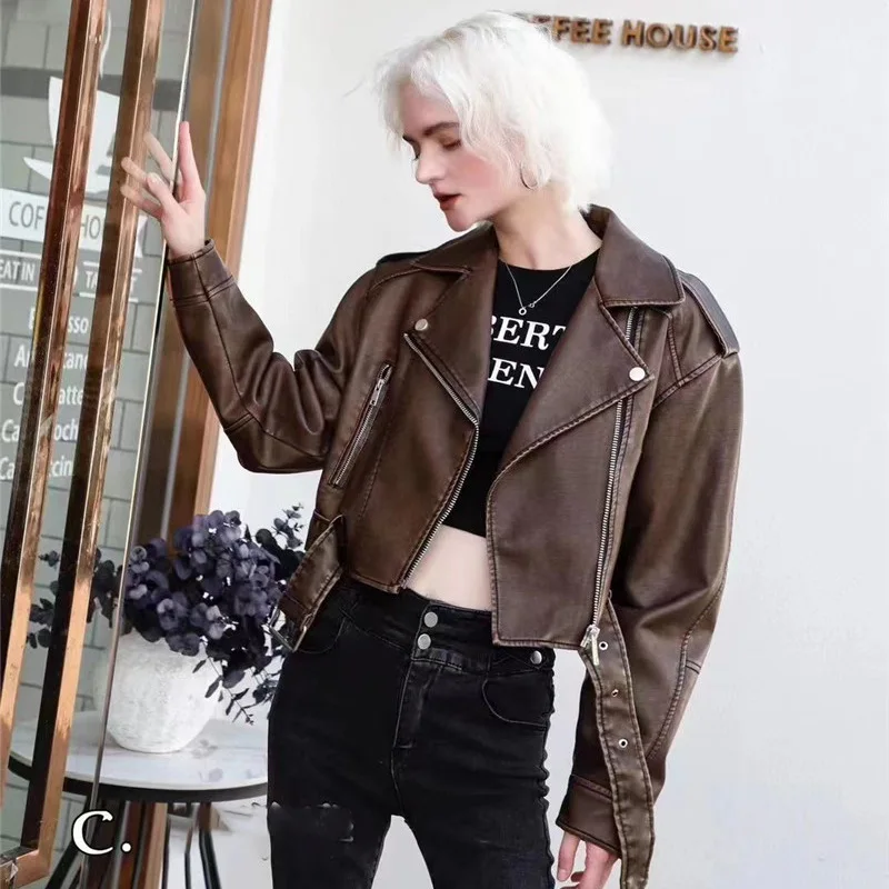 

Ailegogo Women Vintage Loose Washed Faux Leather Short Jacket Streetwear Female Zipper Belt Moto Biker Retro Coat Outwear Tops