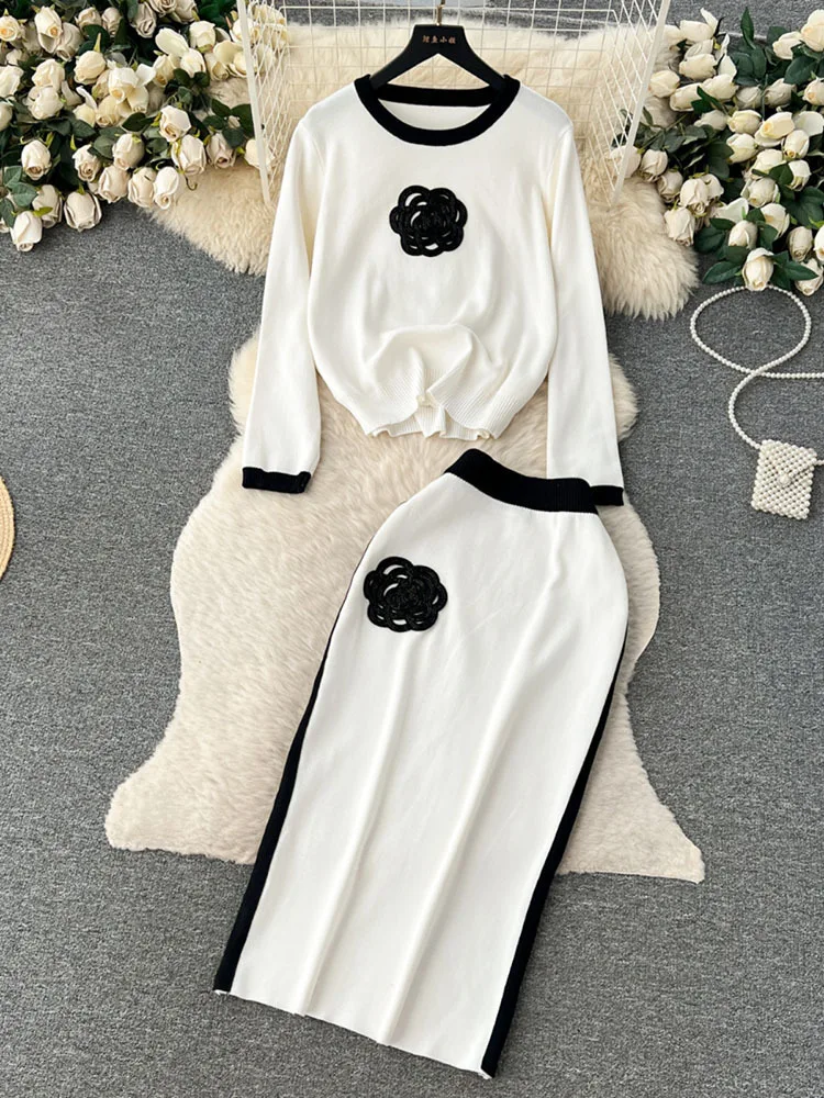 Autumn New Knitted Loose  Women Pant Suits O Neck  Female Pullover Suit  Fashion  Wide Leg High Waist Pants Set