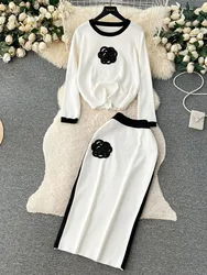 Autumn New Knitted Loose  Women Pant Suits O Neck  Female Pullover Suit  Fashion  Wide Leg High Waist Pants Set
