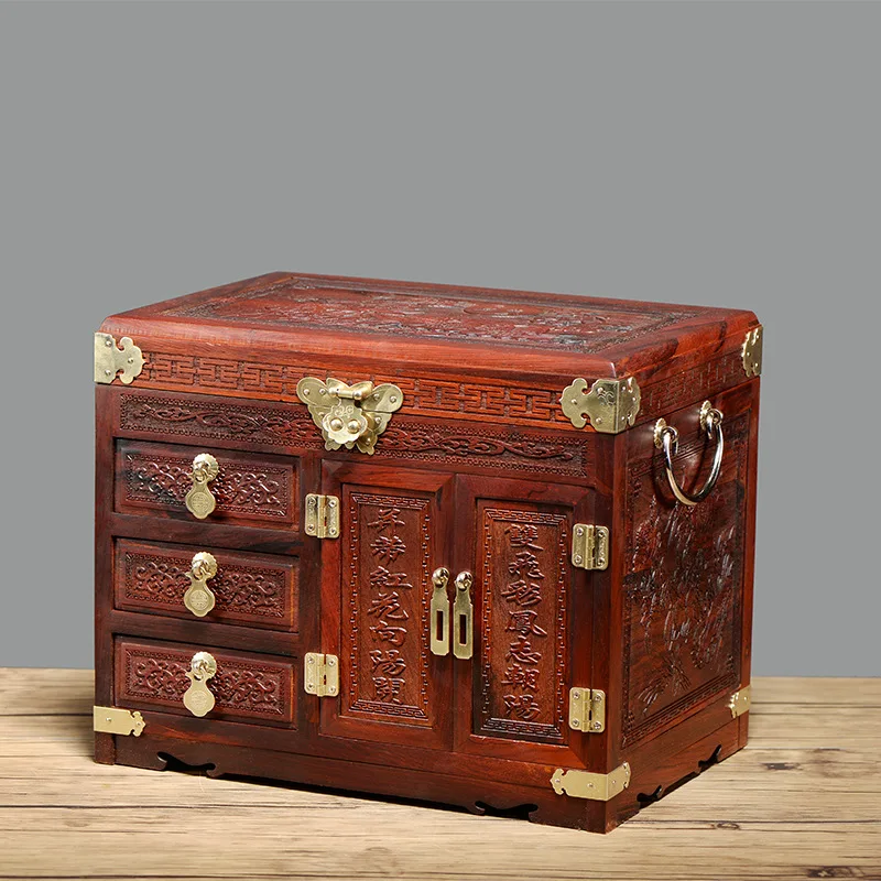 صندوق مجوهرات من القماش المخملي ذو المقاس الجيد من خشب الورد الأحمر من خشب الماهوجني لتخزين المجوهرات من خشب الصندل هدية حرفية منزلية مع قفل #2