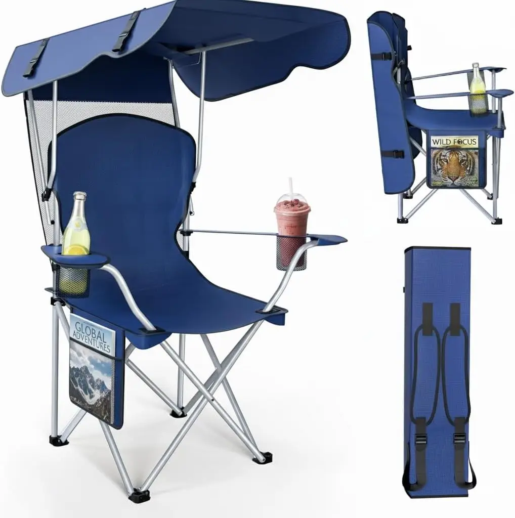 

Folding Camping Chair with Canopy Shade, Durable 600D Oxford Cloth, Portable for Beach & Outdoors, Navy