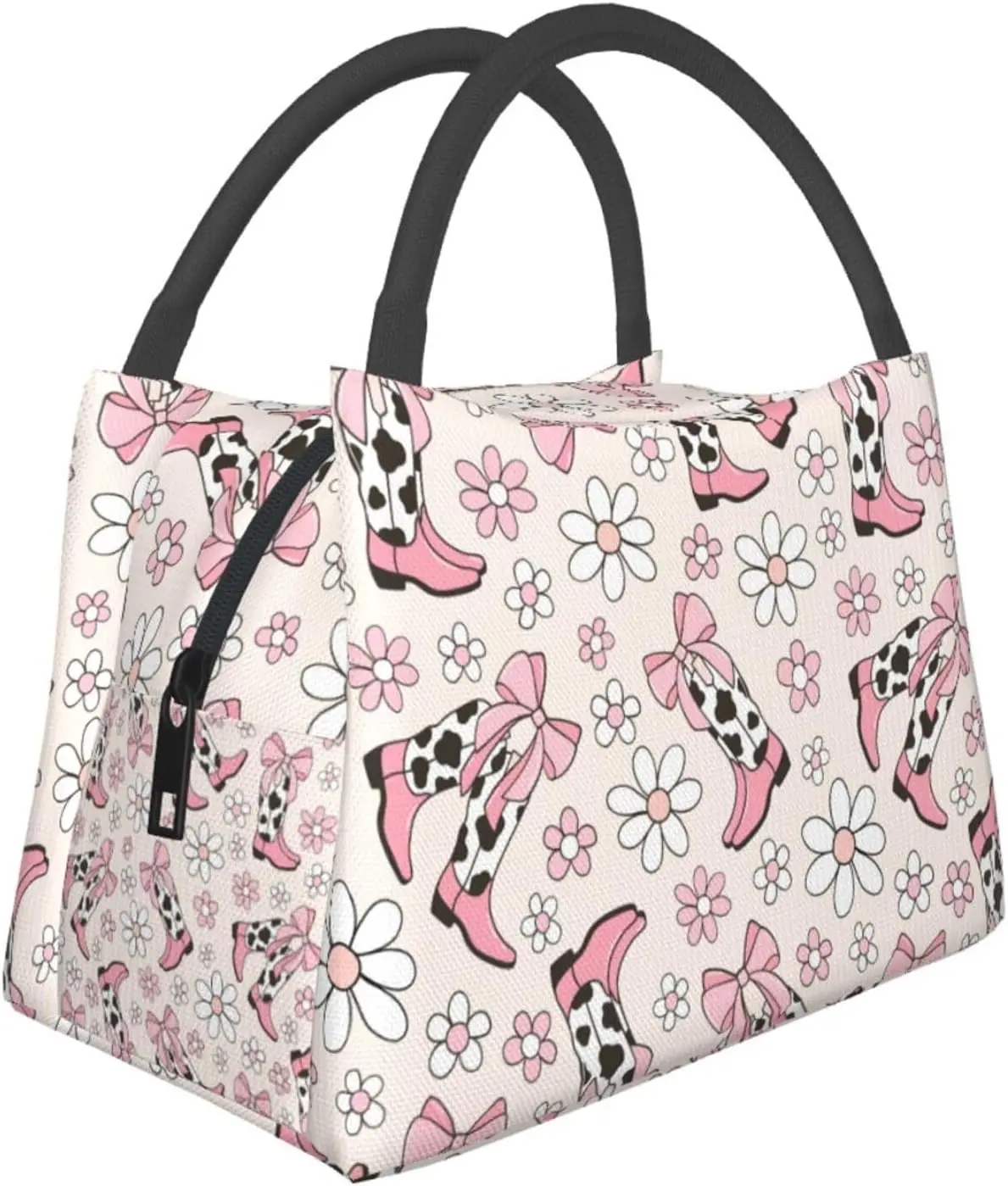 

Retro Cowgirl Boots Flower Pink Large Lunch Bags Box For Women Men-Cute Adult Insulated Lunchbox Tote