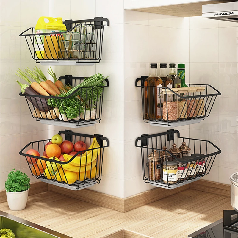 

Kitchen Storage Basket Wall Hanging Fruit Vegetables Storage Rack Stainless Steel Drain Basket Spice Rack Kitchen Organizer