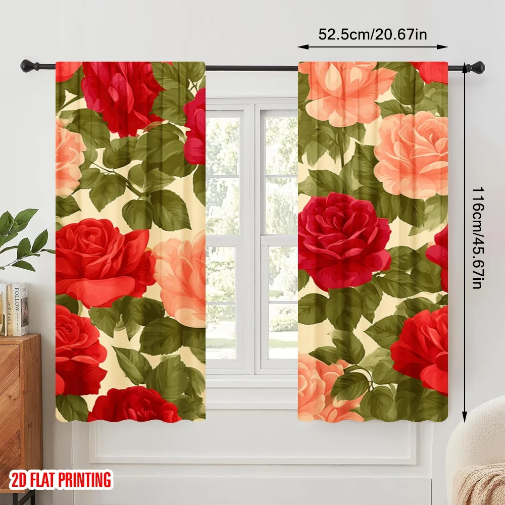 2pcs,2D plane printing Curtain Fabric Red and Pink Roses Blossoms Versatile Durable Polyester (without rod) Festive for Kitchen