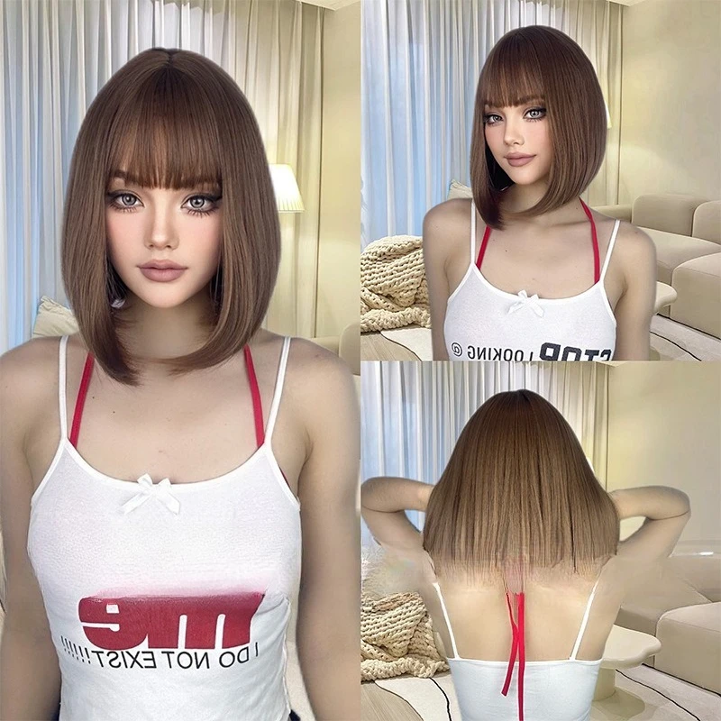 

Trendy Women's Wig Honey Brown Qi Bangs Short Hair BoBo Straight Hair Same Lolita Style