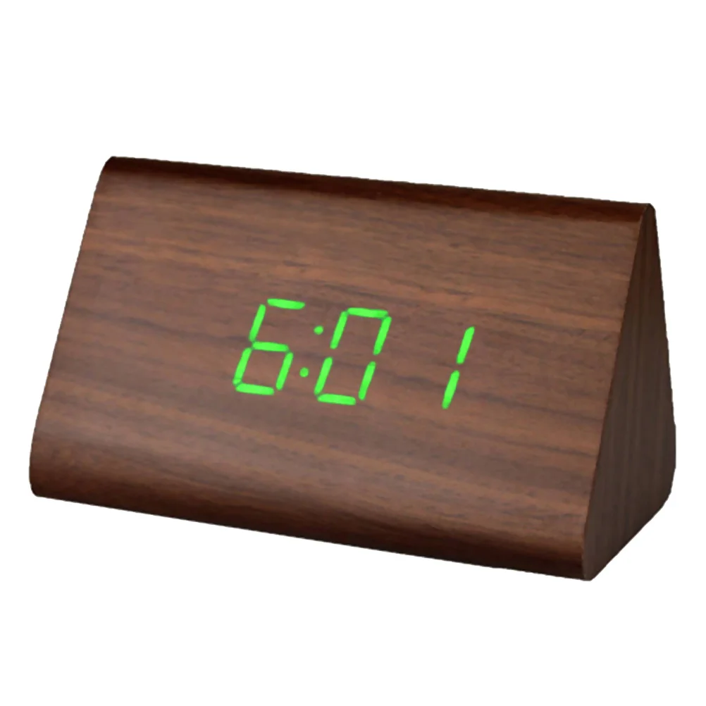 

Sound Activated Led Wooden Alarm Clock Temperature Display Touch Sensor Modern Digital Desk Clock Brown Wood Green Light