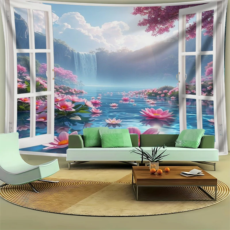 1PC Digital Print Tapestry Wall Hanging, Fake Window Lavender Field Provence Art, Nature Scenery 3D Window Wall Art Decor - view 3
