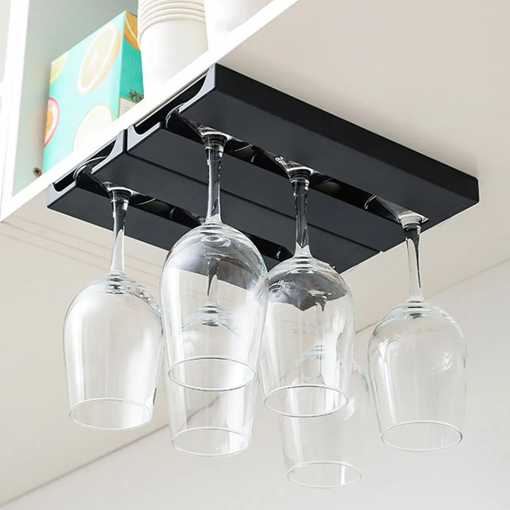 

2Pcs Glass Rack Set Black Plastic Hanging Under Shelf Cup Holders Storage Organizer Kitchen Bar Furniture