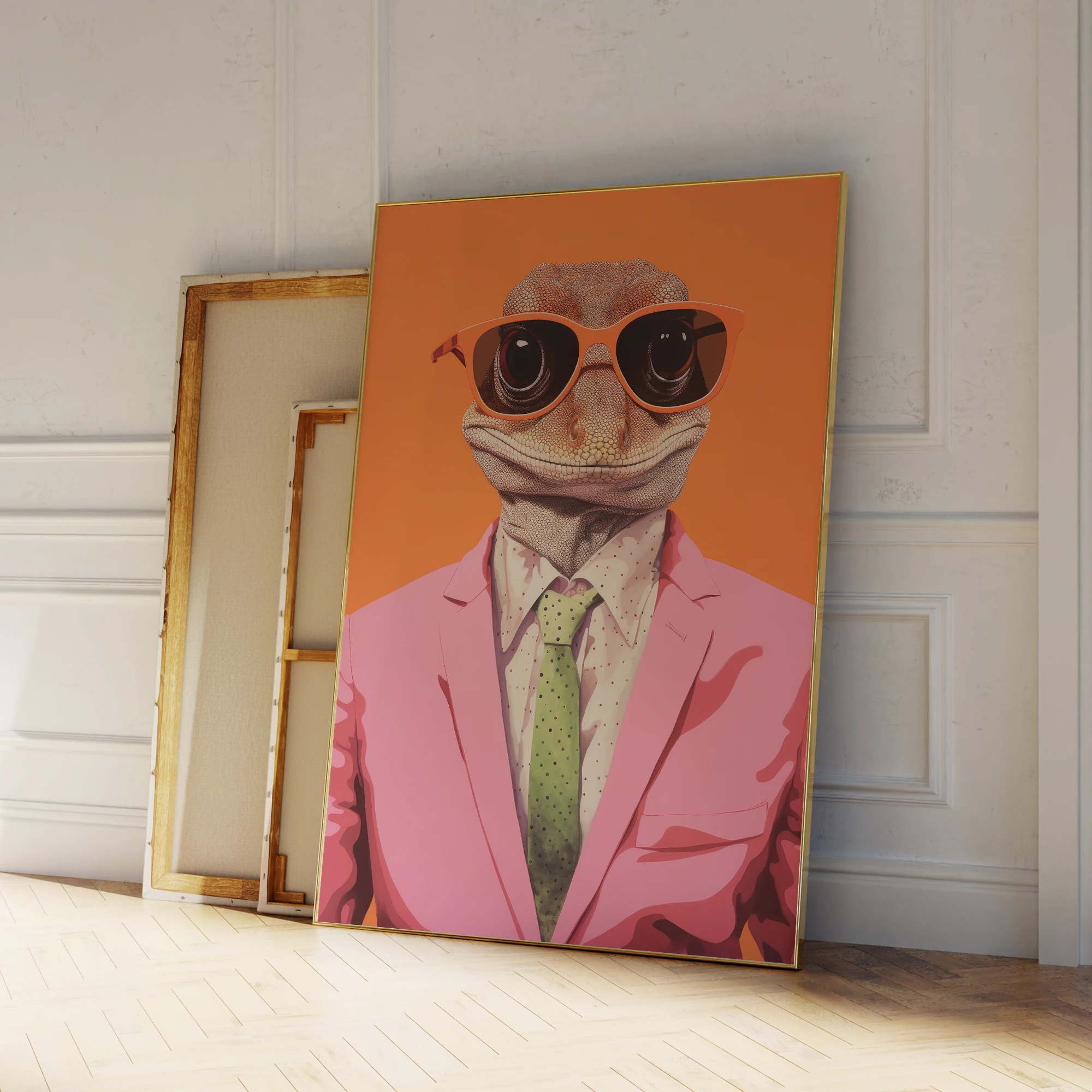 Moderne Orange Lustige Eidechse Im Anzug Tanzen Coole Tier Wand Kunstdrucke Leinwand Malerei Poster Bild Wohnzimmer Wohnkultur