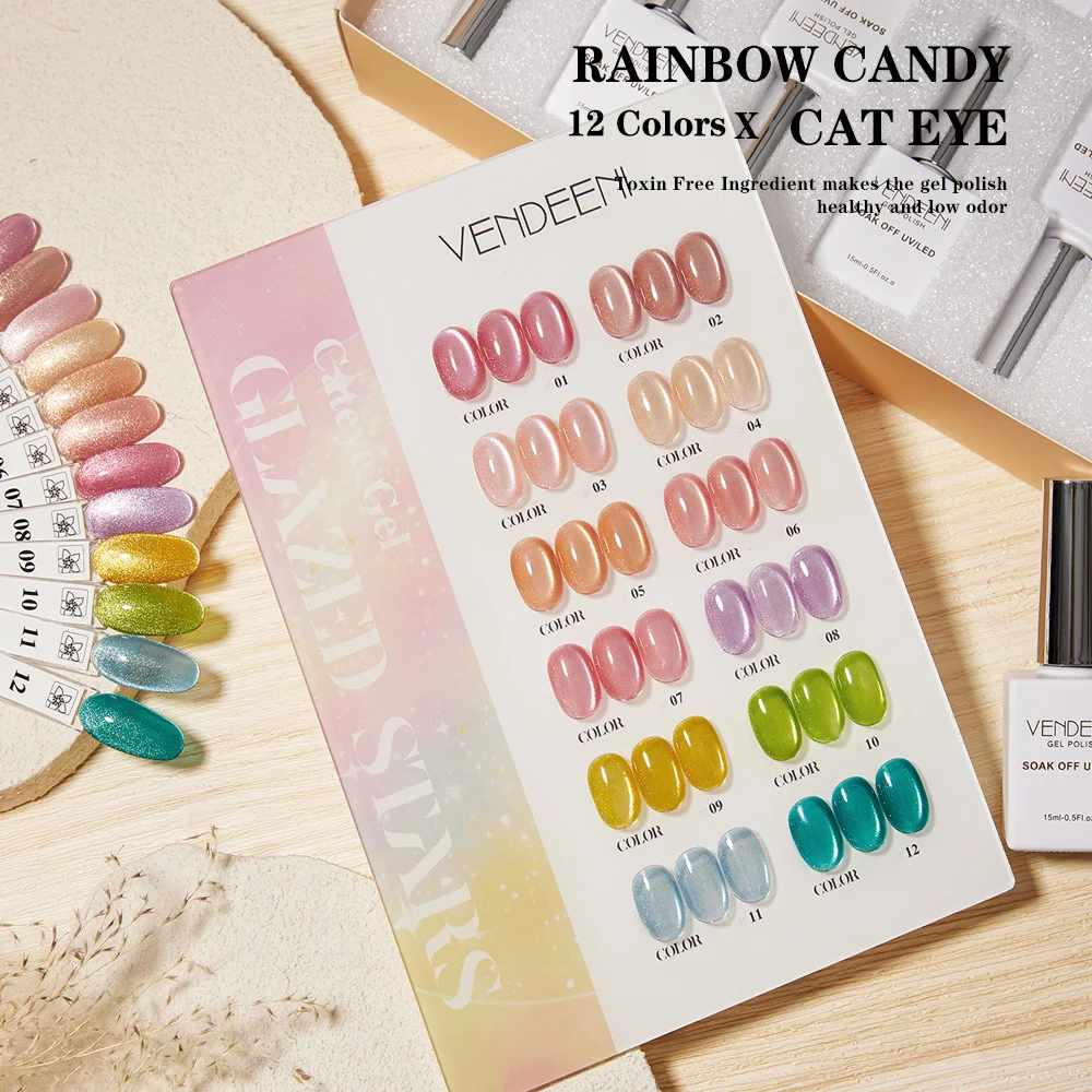 

Vendeeni 12 цветов/набор, блестящая пудра, гель-лак для ногтей «кошачий глаз», УФ-светодиод, розовый кристалл, магнитный маникюрный лак для ногтей с цветной картой