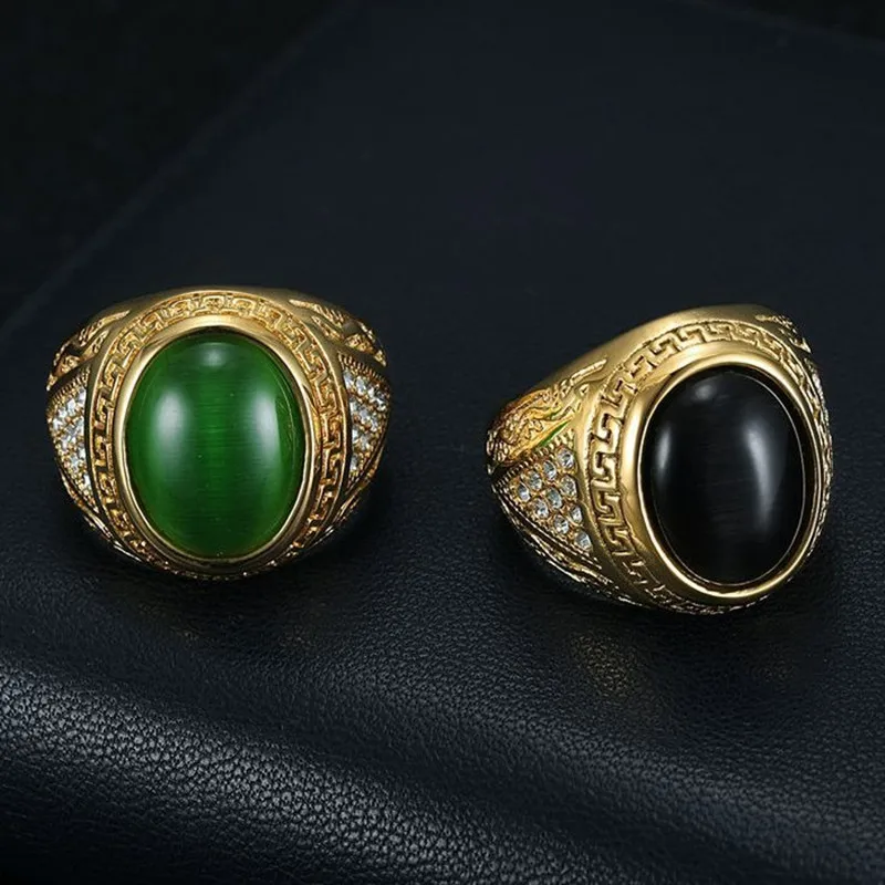 Masculine Green Jade Emerald Black Agate Gemstones Titanium Rings for Men Stainless Steel Big Solid Finger Bands Vintage Jewelry - view 6
