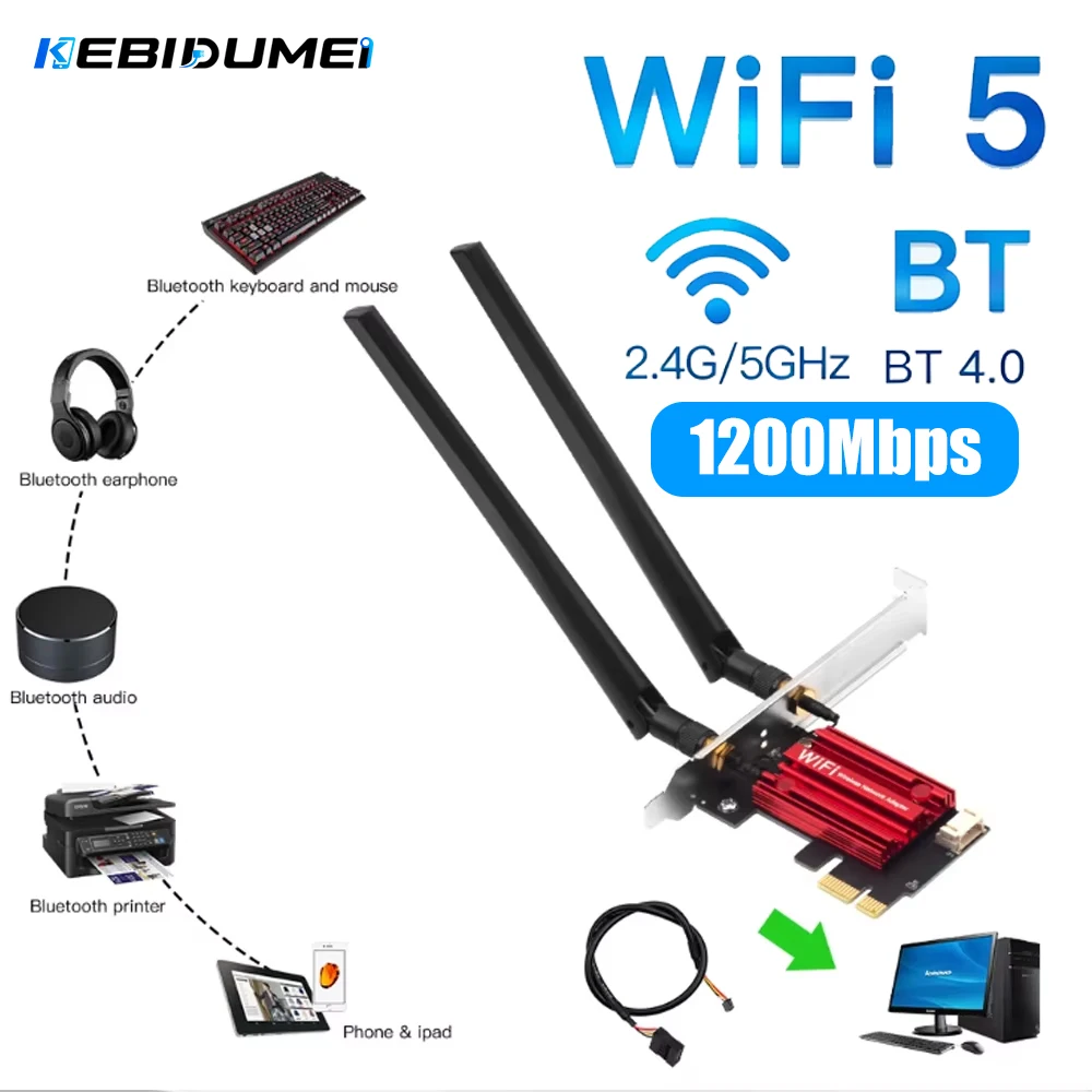 

KEBIDUMEI WiFi 5 PCI-E Wireless Adapter Network Card AC1200 Dual Band 2.4G/5GHz 802.11AC For Bluetooth 4.0 Desktop Laptop Win11