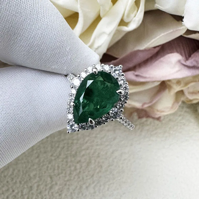 8*12MM Pear Cut Colombian Emerald Ring Female 925 Sterling Silver Plated 18k White Gold Fine Jewelry Rings for Women Wholesale