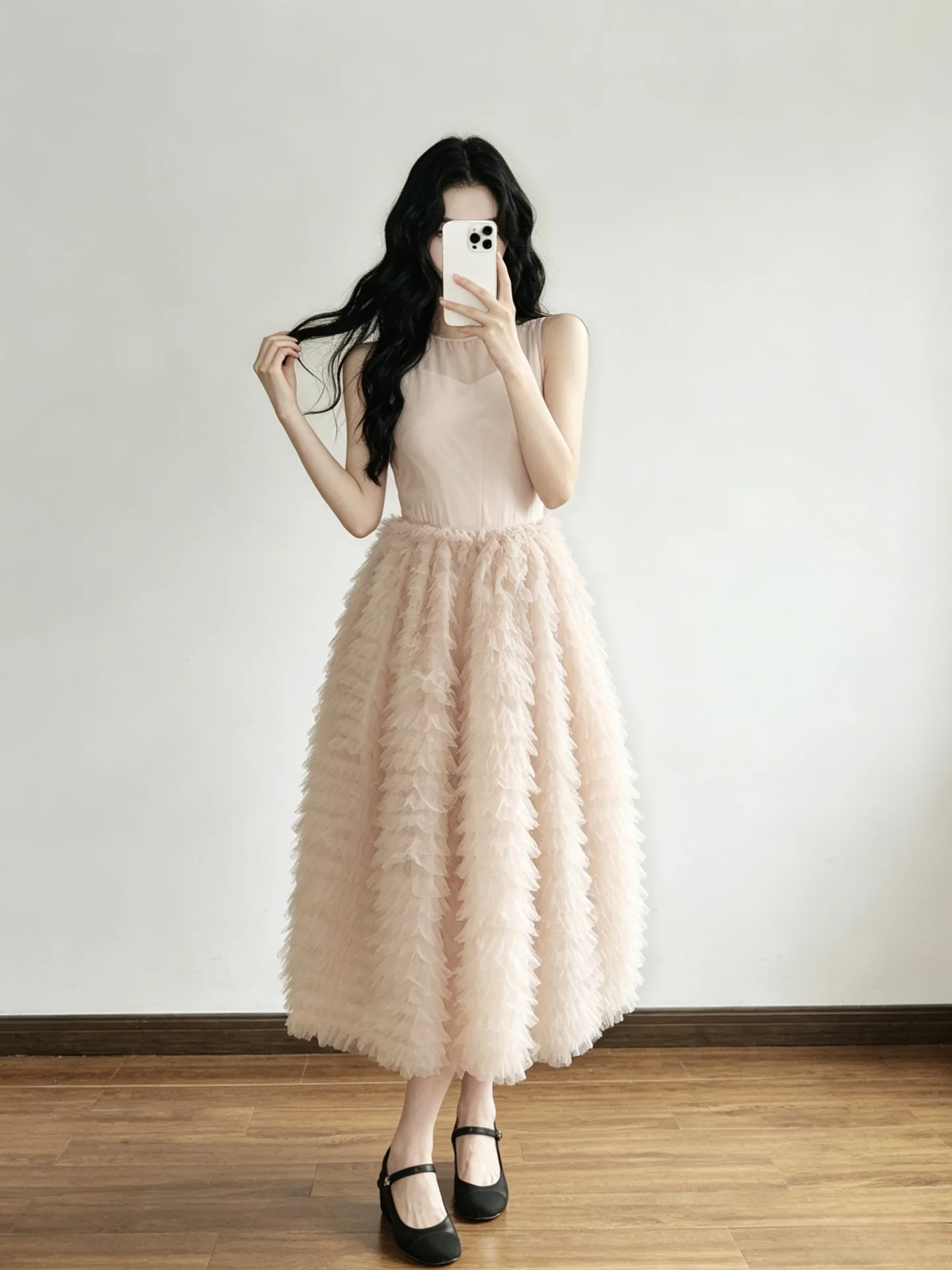 Ballet Style round Neck Mesh Skirt Dress Women Summer Soft Wind Two Piece Set Cake Skirt Fluffy Gown Breathable Casual Dress