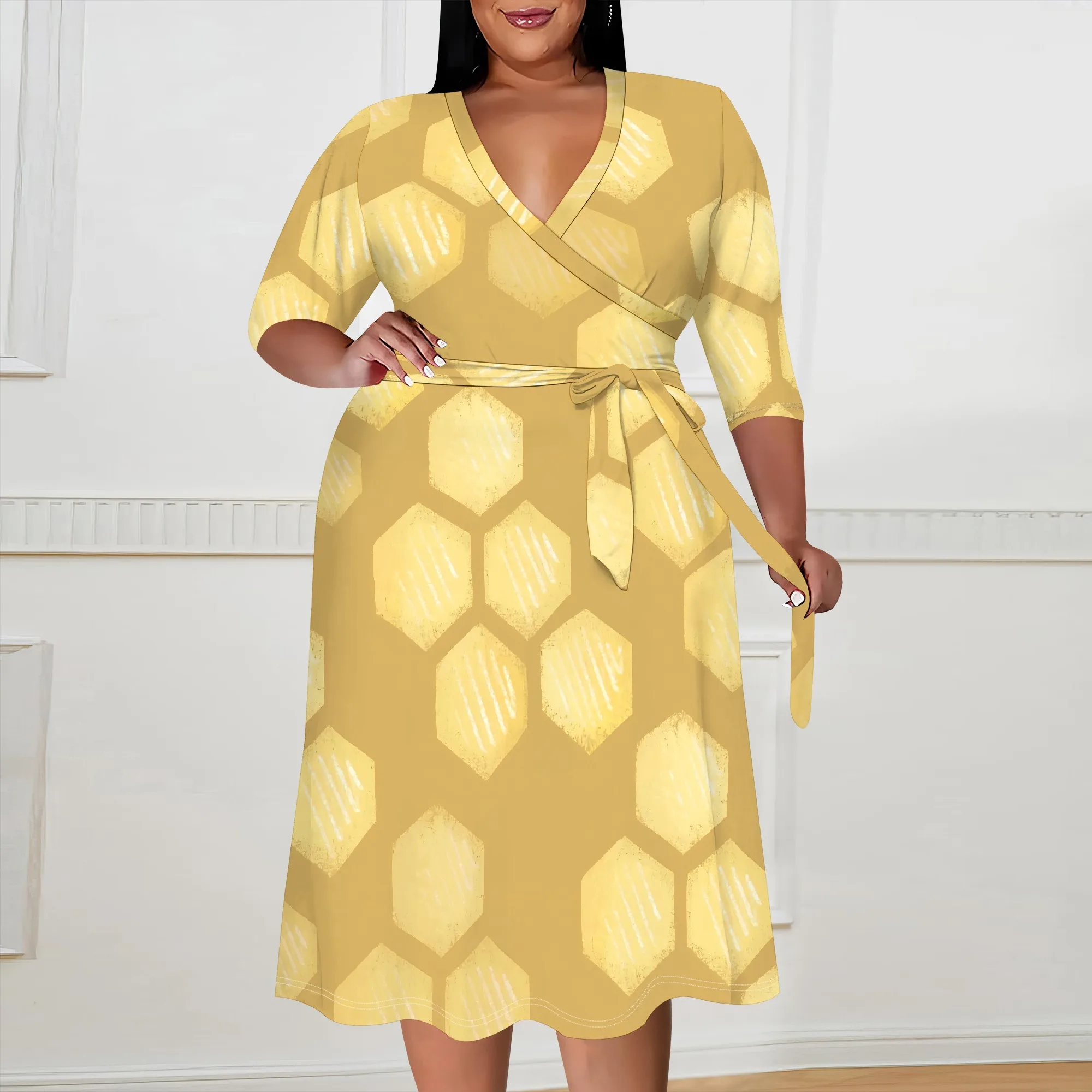 

Honeycomb Print Wrap Dress XL-6XL Plus Size V-Neck Belted Summer Nature Style for Curvy Women