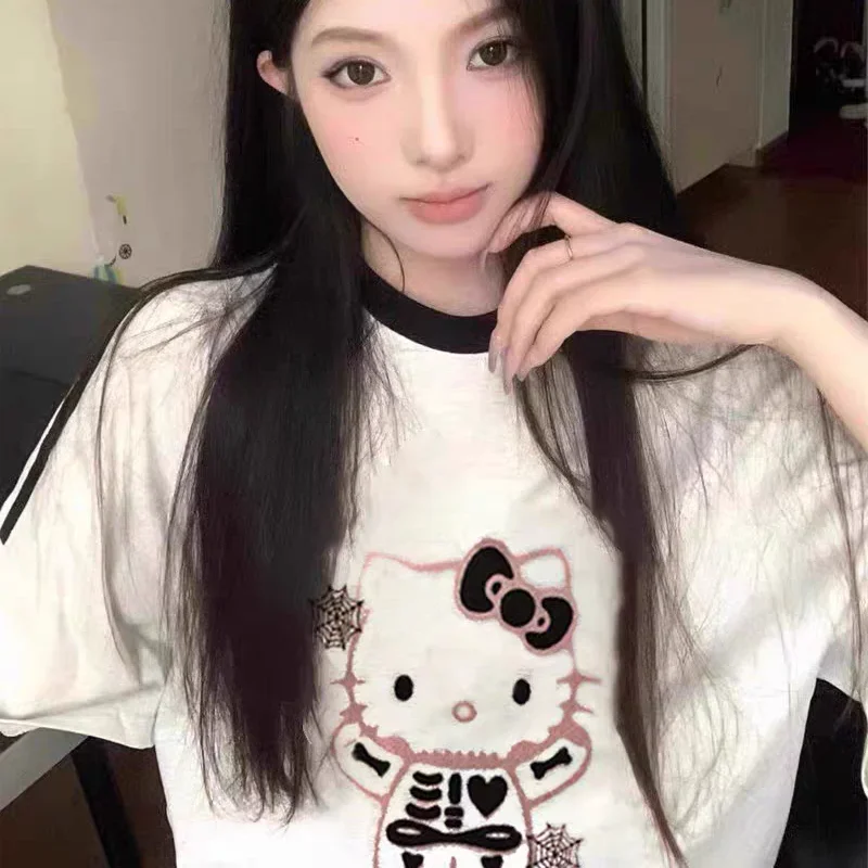 Sanrio Kawaii Hello Kitty  Anime Cute Loose Comfortable Top Cartoon Character Vintage Short Sleeve T-shirt Girls Clothes