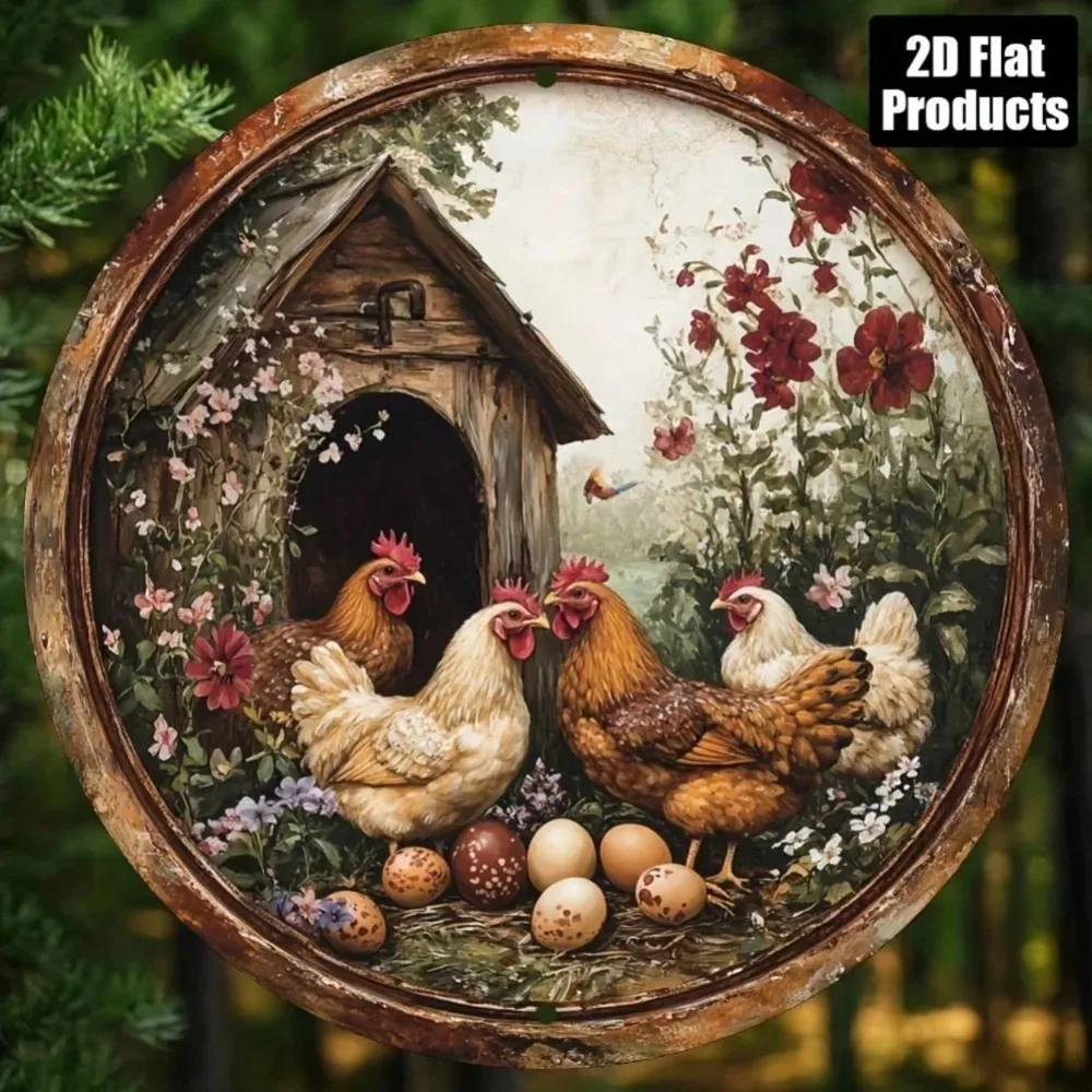 Cuadro de metal impreso en HD - Gallinero rústico en relieve 3D con gallinas y huevos, arte de pared de metal 2D, decoración para jardín y casa de campo para la sala de estar