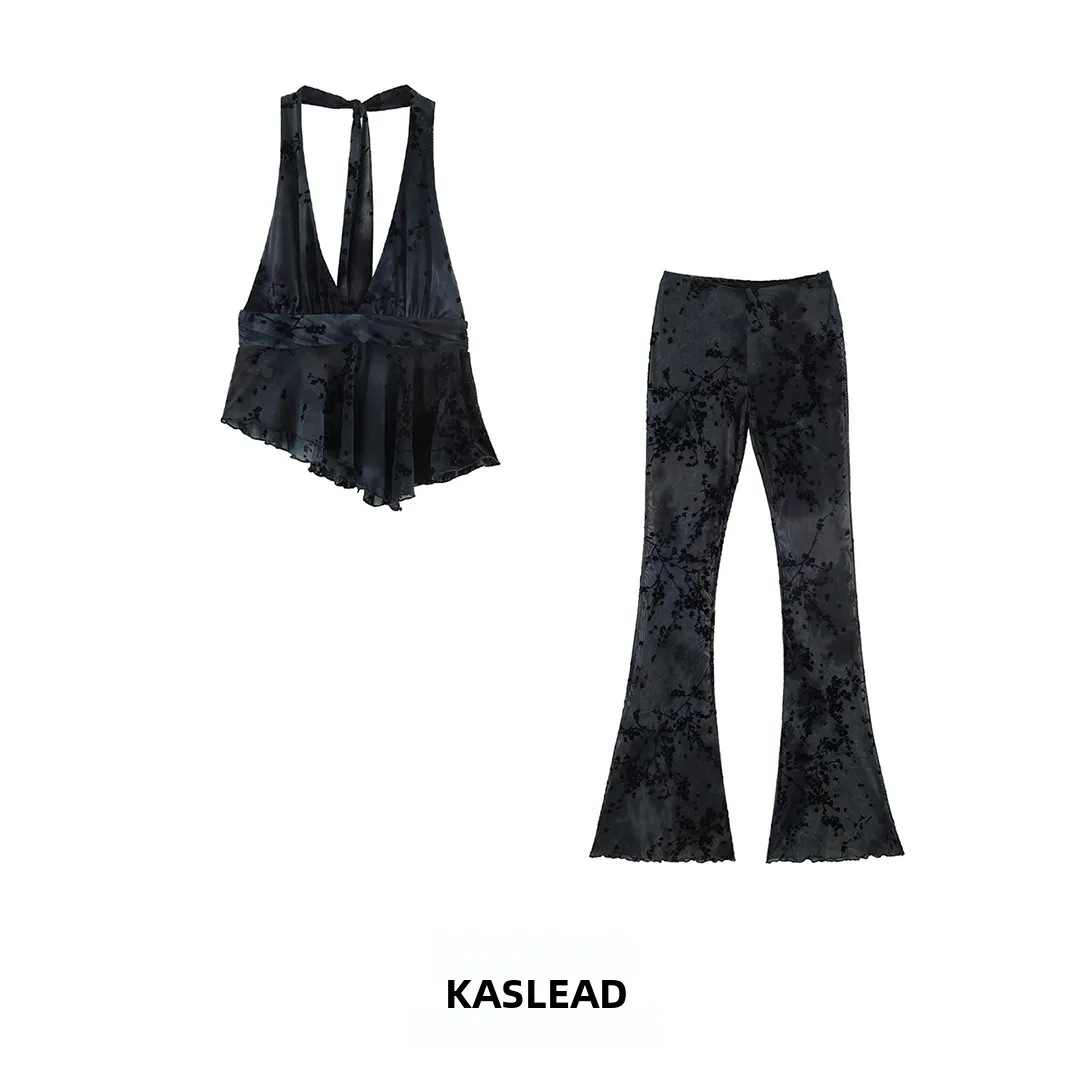 

KASLEAD New Women's Fashion Velvet Jacquard Neck Hanging Top Long Pants Spring Season Two-Piece Set without Sleeves