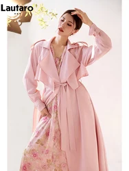 Lautaro Spring Autumn Long Sweet Thin Flowy Soft Pink Trench Coat for Women Sashes High Quality Luxury Designer Clothing 2024