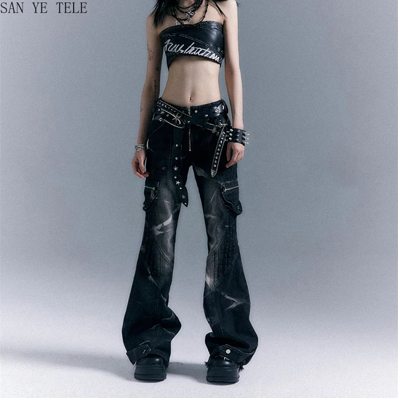 القوطية غسلها Y2k فضفاض مضيئة الجينز المرأة منخفضة الارتفاع برشام خمر الدنيم بنطلون Harajuku اليابانية البضائع الجينز السراويل الملابس