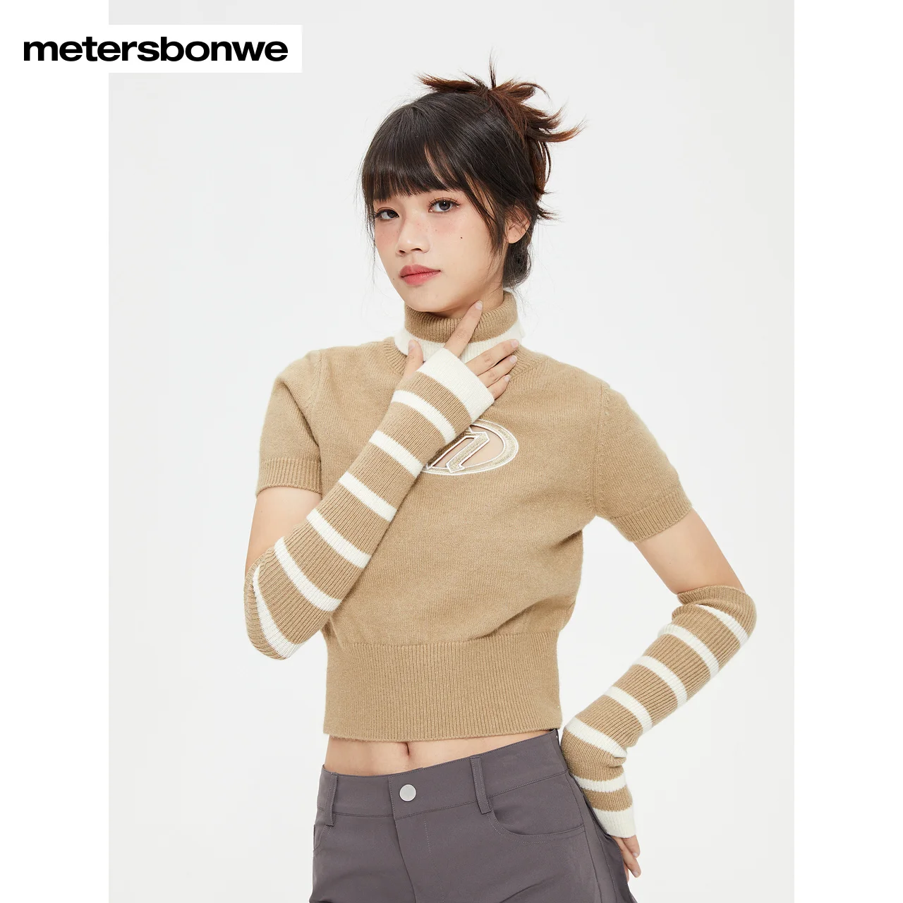 Metersbonwe-Women's Turtleneck Front Hollow Sweater Jumper Detachable Sheath For A Sleeve Slim-Fit Pullover Fashion Sweet Spring