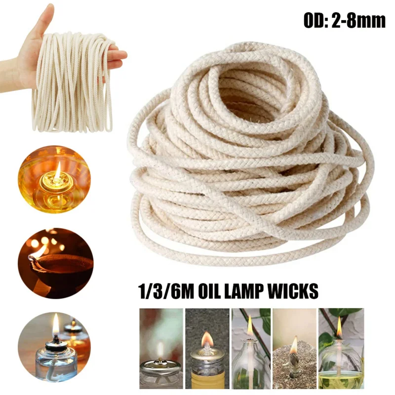 1/3/6M Long Burner Alcohol Wick Rope Cotton Smokeless Wick Round Cotton Kerosene Oil Lamp Wicks 2/3/4/5/6/8MM