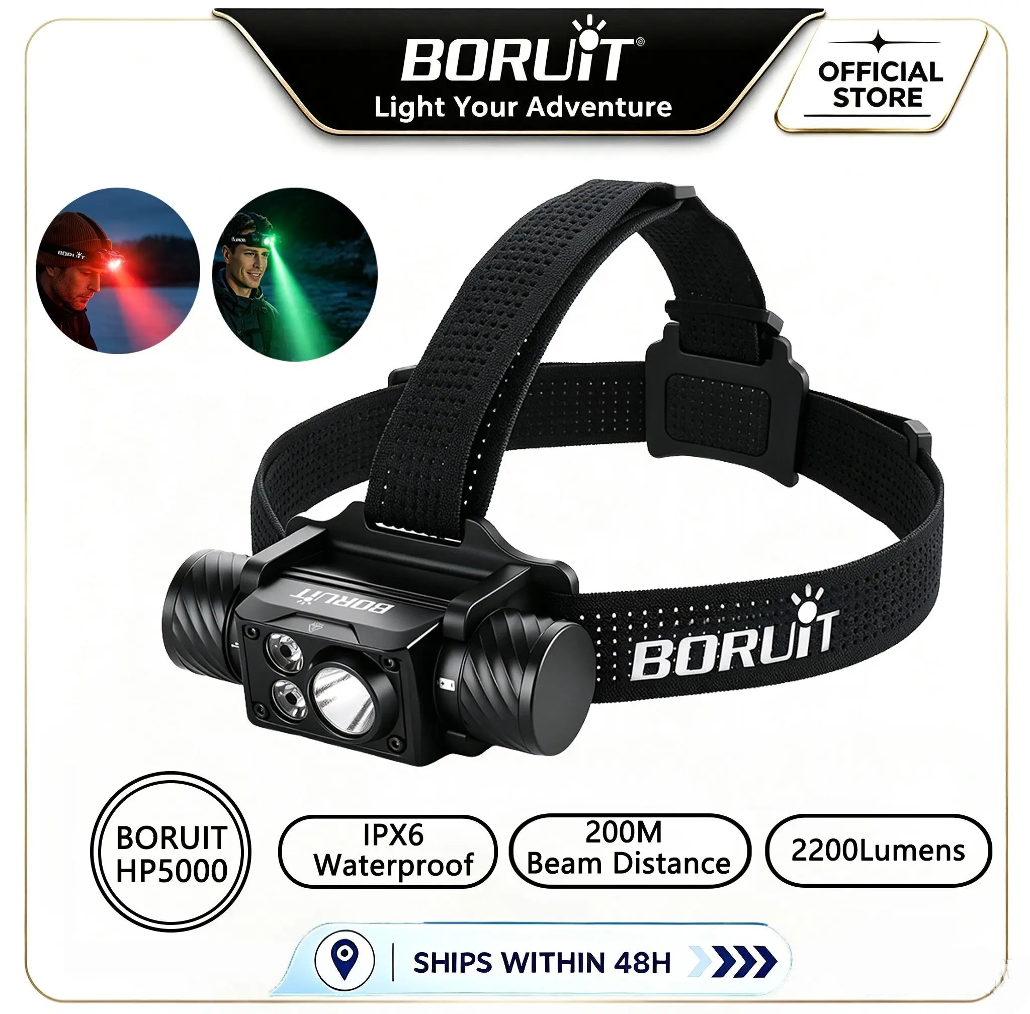 BORUiT HP5000 2200LM LED Headlamp Type-C Rehargeable Headlight Waterproof Outdoor Camping Fishing Head Torch Lantern