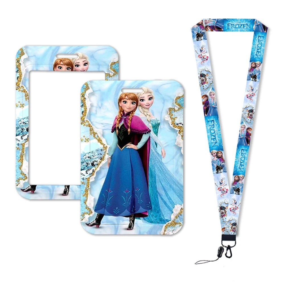 W Princess Cartoon Card Holder Frozen 2 Elsa Anna Princess Anime Figures Kids Lanyard ID Card Holder Cover Pendant Keychain