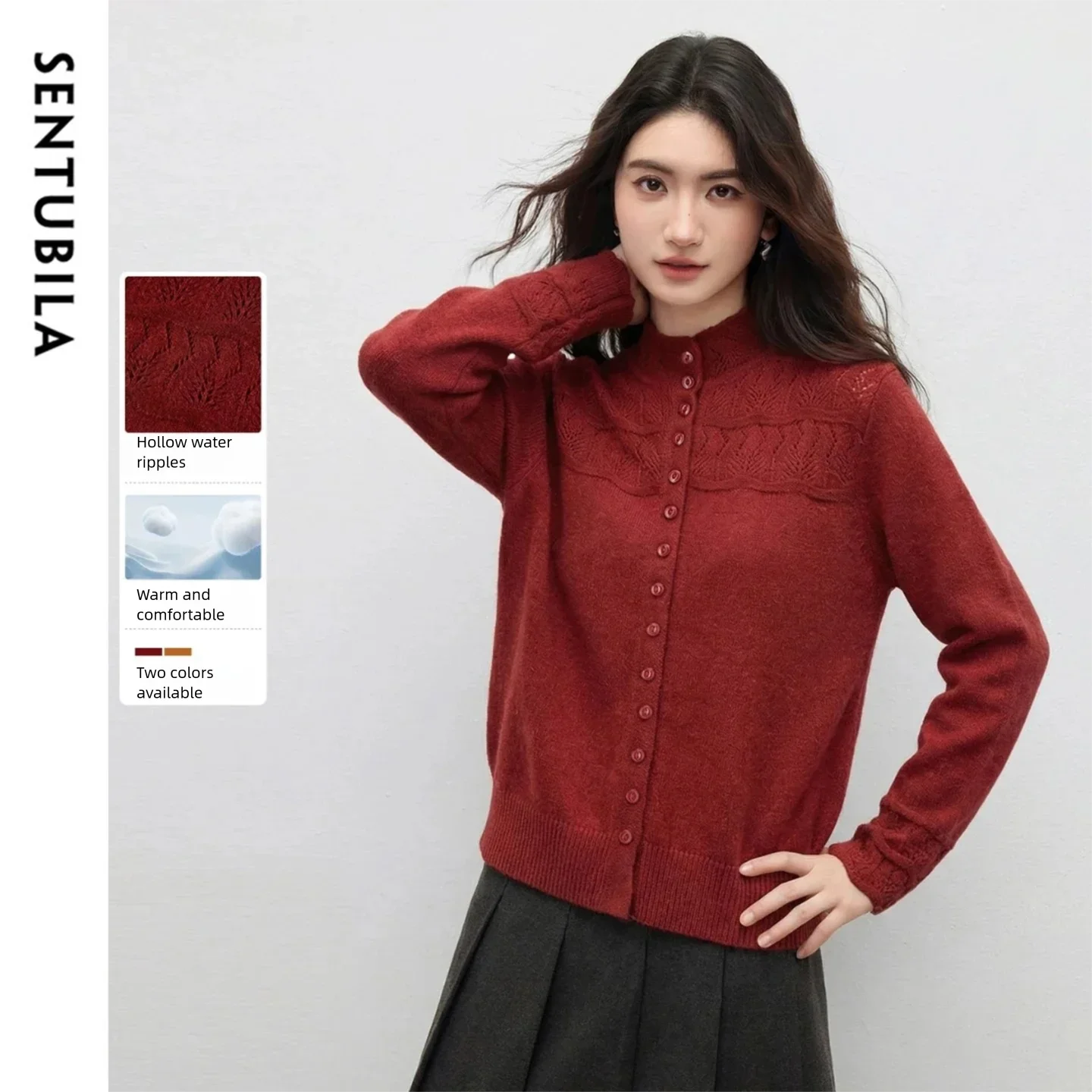 

SENTUBILA Commuting Cardigan for Women 2026 Spring Wool Blend Stand Nack Hollow Wave Pattern Knitwear Women's Sweater W61EA6550