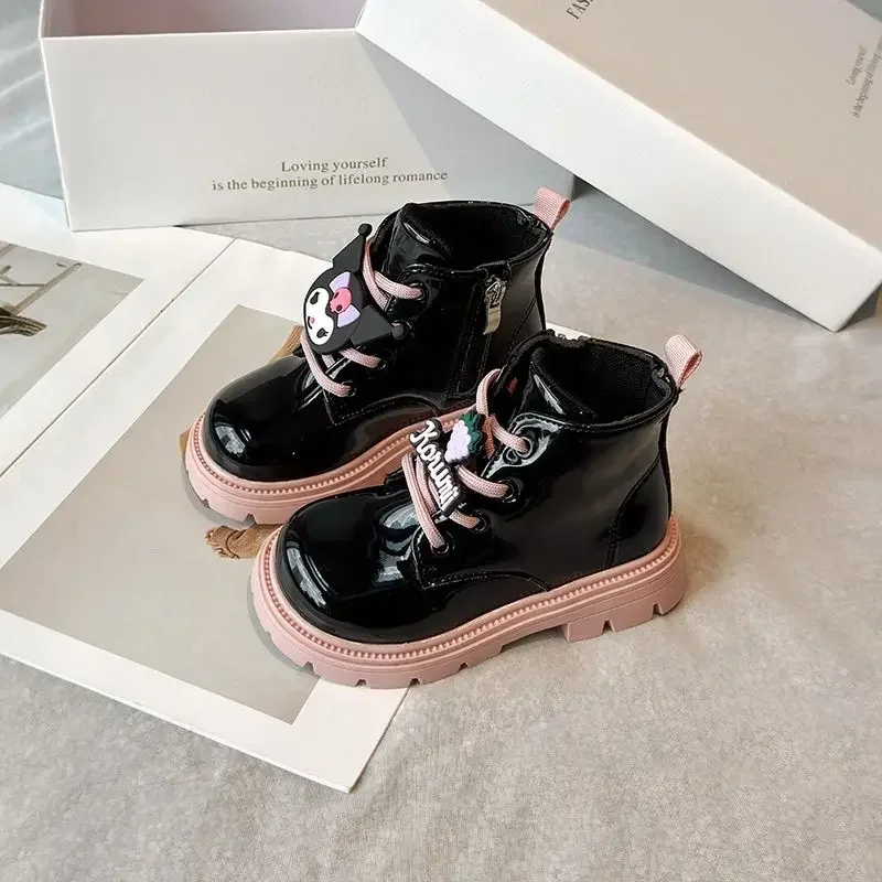 Botas de couro feminino coração Kawaii para crianças, pingente Kuromi, minha melodia, princesa doce fofa, presentes de moda para crianças