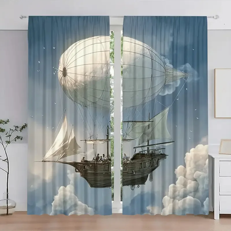 2pcs Flying Ship Cloud Curtains - Hot Air Balloon & Airship Window Drapes, Dark & Sky Clouds Design, Light Filtering Privacy