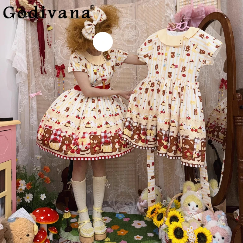 

Японское платье в стиле лолита с коротким рукавом, летнее женское платье с высокой талией, стройнящее, с милым принтом медведя, для дня рождения и вечеринок