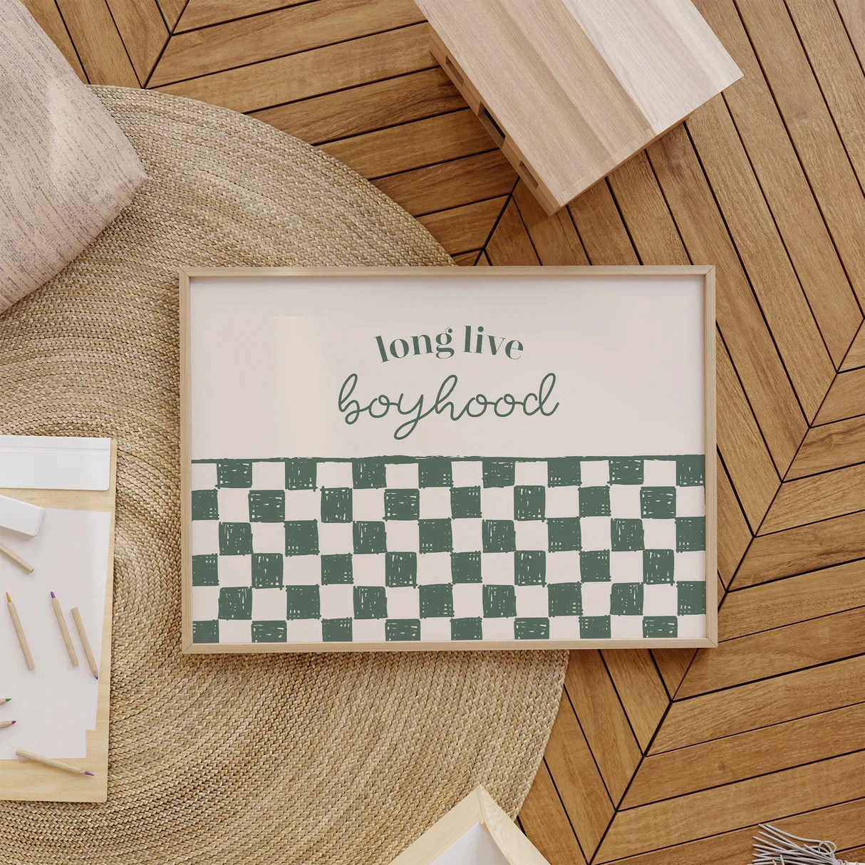 Modern Long Live Boyhood Print – Green Checkered Wall ArtWall Art Print Canvas Painting Poster Picture For Kids Room Home Decor