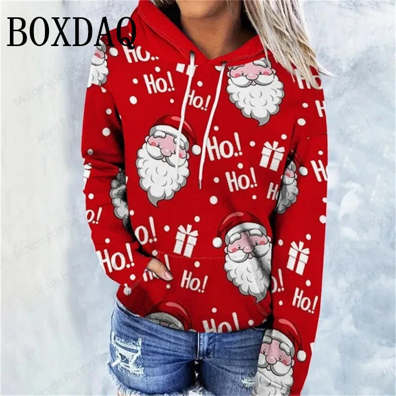 Santa Claus Sweatshirt Christmas 3D Print Hoodies Women Fashion Hooded Women Winter Casual Pocket X-mas Snowflake Loose Top 2025