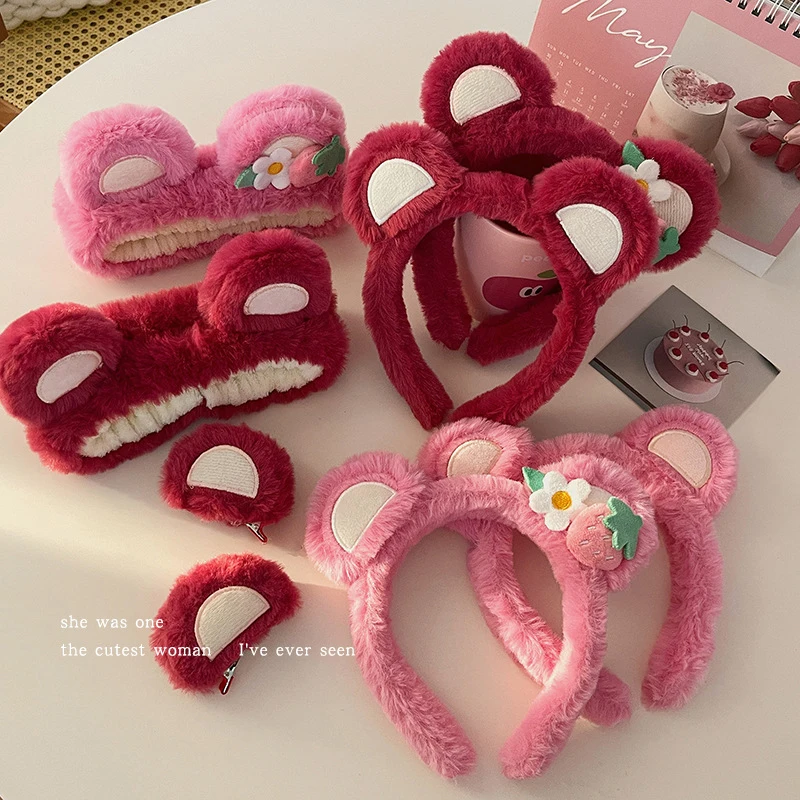 Disney Lotso Wash Face Headbands Women Cute Soft Ears Strawberry Bear Hairclip Girl Cartoon Hair Accessories Birthday Party Gift