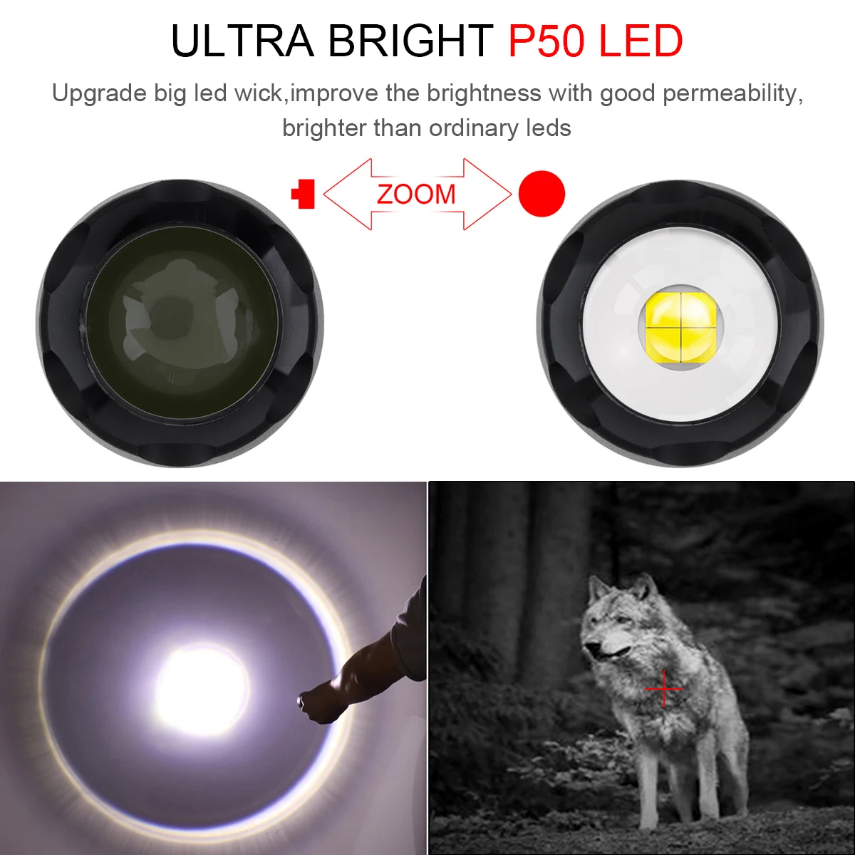 SecurityIng Powerful Hunting Flashlight Zoomable P50 LED Tactical Flashlight Lamp USB Rechargeable 5 Modes Outdoor Torch Light