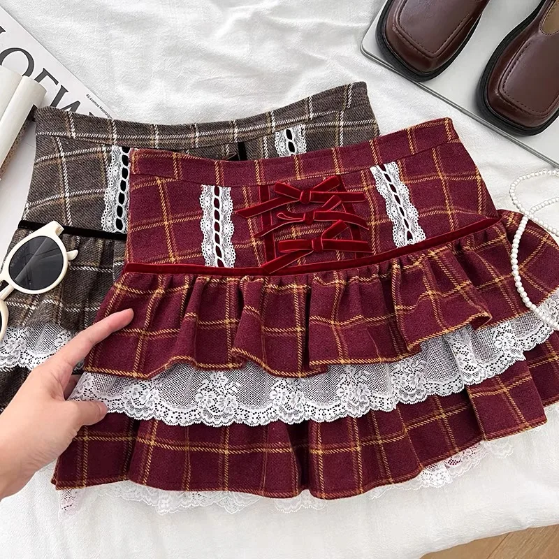 Coigarsam Short Skirt for Women - High Waist Red Khaki, Lace Plaid Design Trendy Skirts - Stylish Ladies Skirt