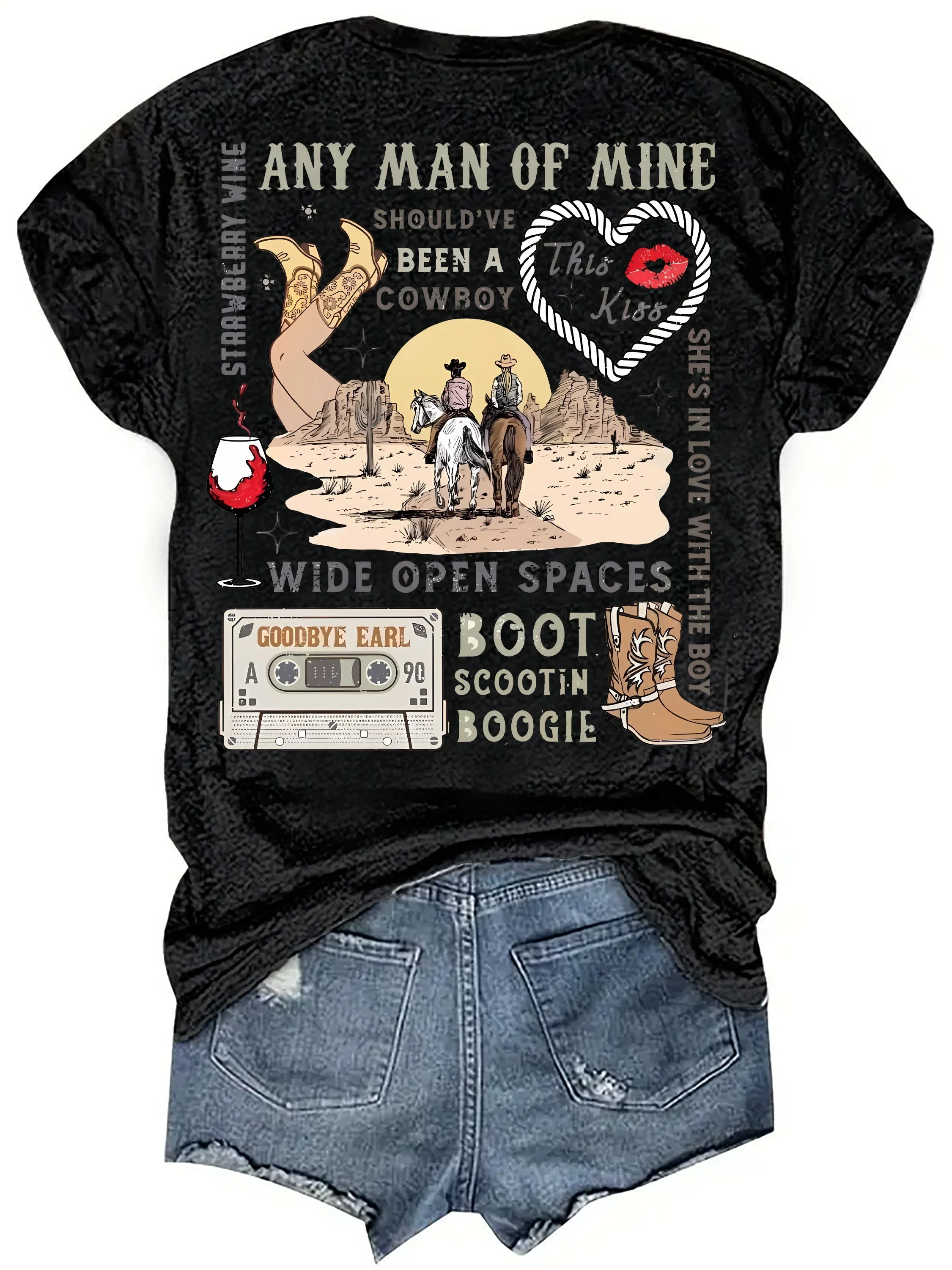 

Женская футболка в стиле вестерн-музыки - черный топ с ковбойским ретро-принтом