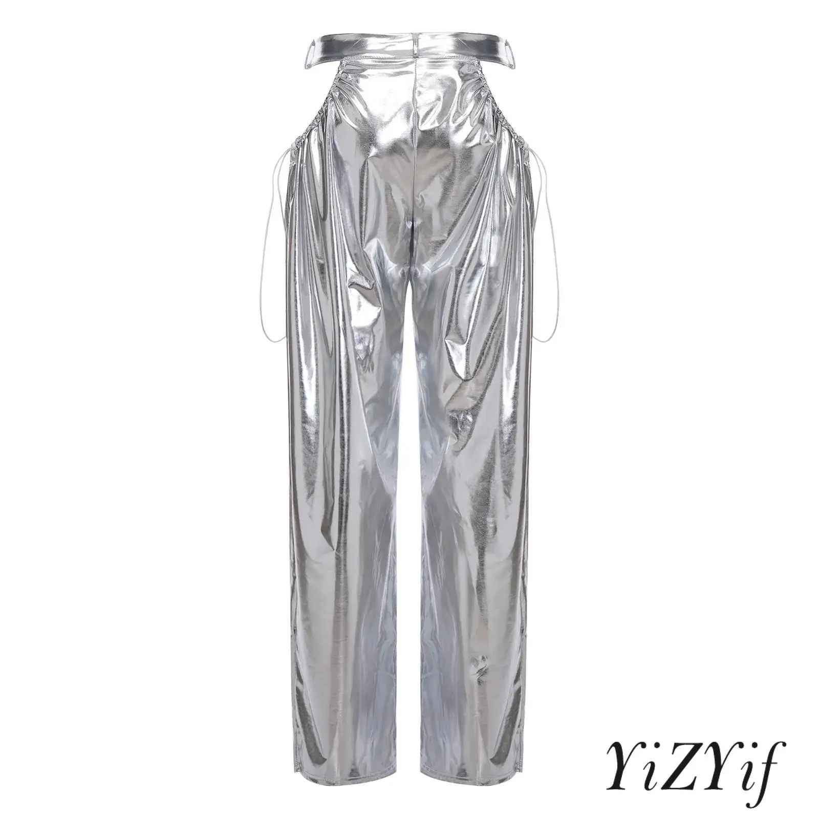 

Womens Metallic Shiny Disco Jazz Dance Pants Side Cutout with Drawstring Wide Leg Loose Long Pants Hip Hop Street Dance Trousers