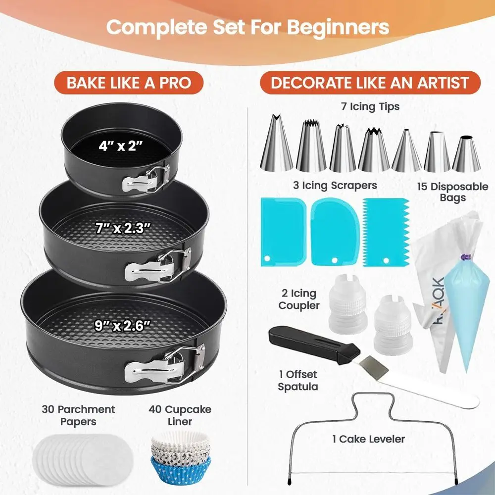 100pcs Cake Pan Set: 3-Piece Non-Stick Springform Pans (4, 7, 9), Icing Tips, Cake Leveler, Multi-Function Leak-Proof Silicone P