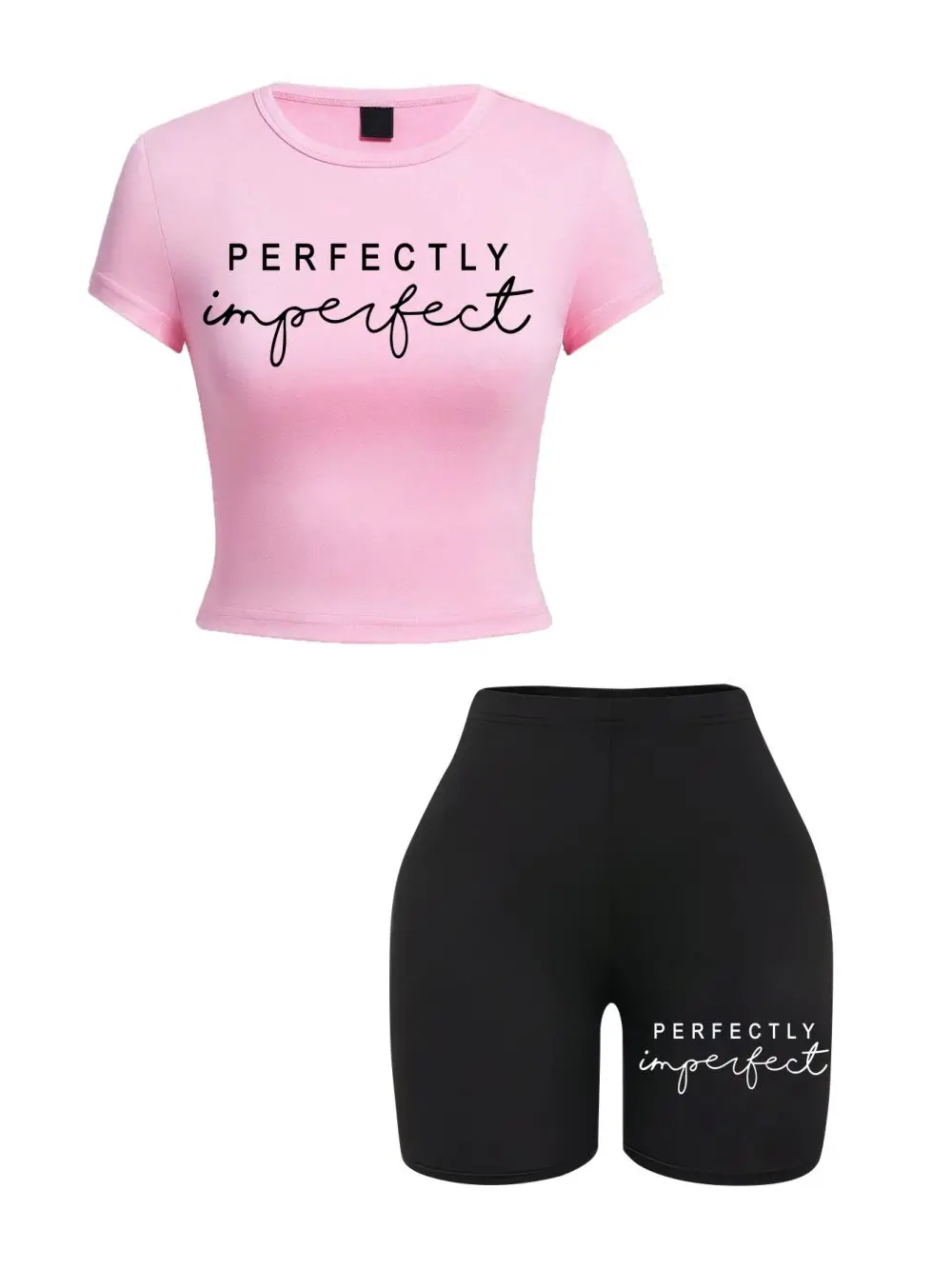 Casual Womans Crop Tops & Shorts Two Pieces Set Perfectly Imperfect Art Letter Printing T-Shirts Soft Slim High Elastic Clothes