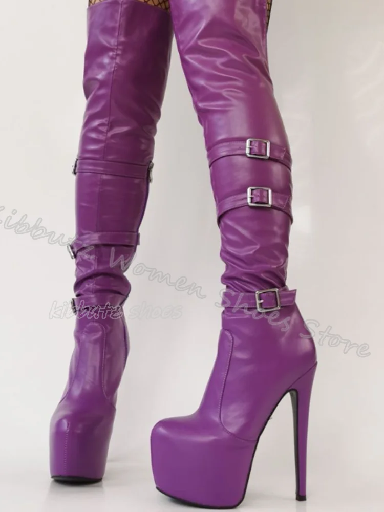 Over The Knee Boot Belt Buckle Platform Fashion Sexy Round Toe Thin Heel Genuine Leather Side Zipper Solid Color Women Shoes New
