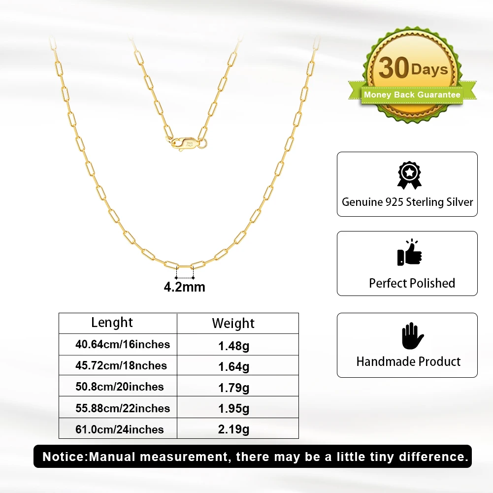 KISS MANDY 1.8mm 925 Sterling Silver Paperclip Chain Link Necklace with Rhodium Plated for Women Fashion Necklace Jewelry SC39