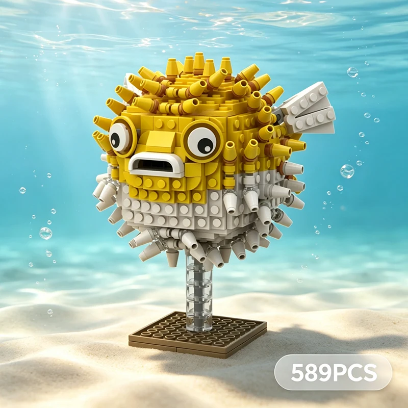 DIY Marine Puffer Fish Building Blocks Model Sea Animal Bricks Desktop Ornament Creative Assembly Toy Gift for Kids Adult