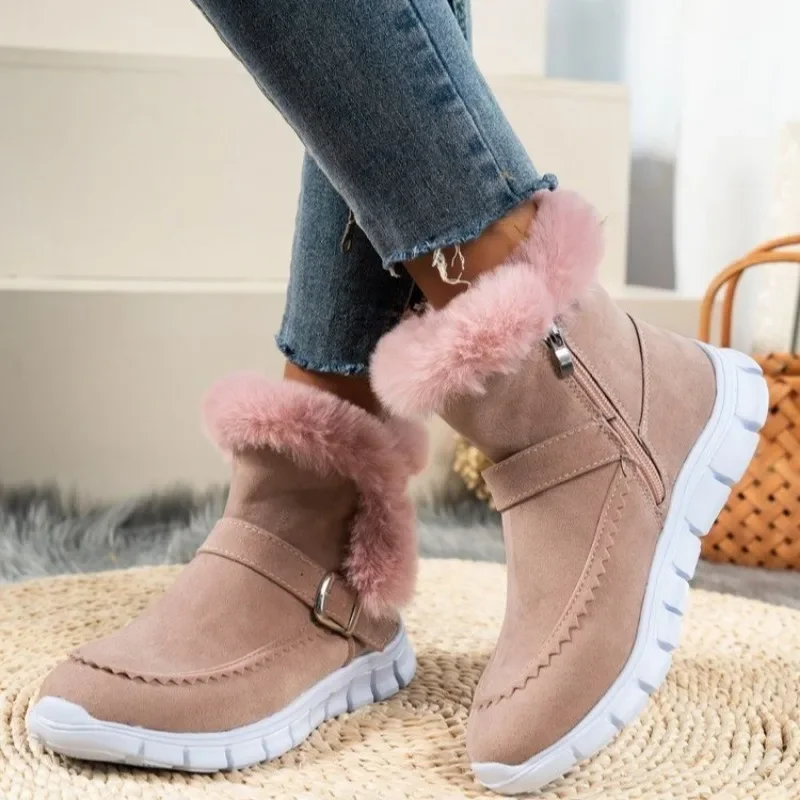 

Women Boots Winter Suede Boots High Top Casual Cotton Shoes Non-slip Wedges Shoes Fashion Belt Buckle Sneakers Side Zipper Boots